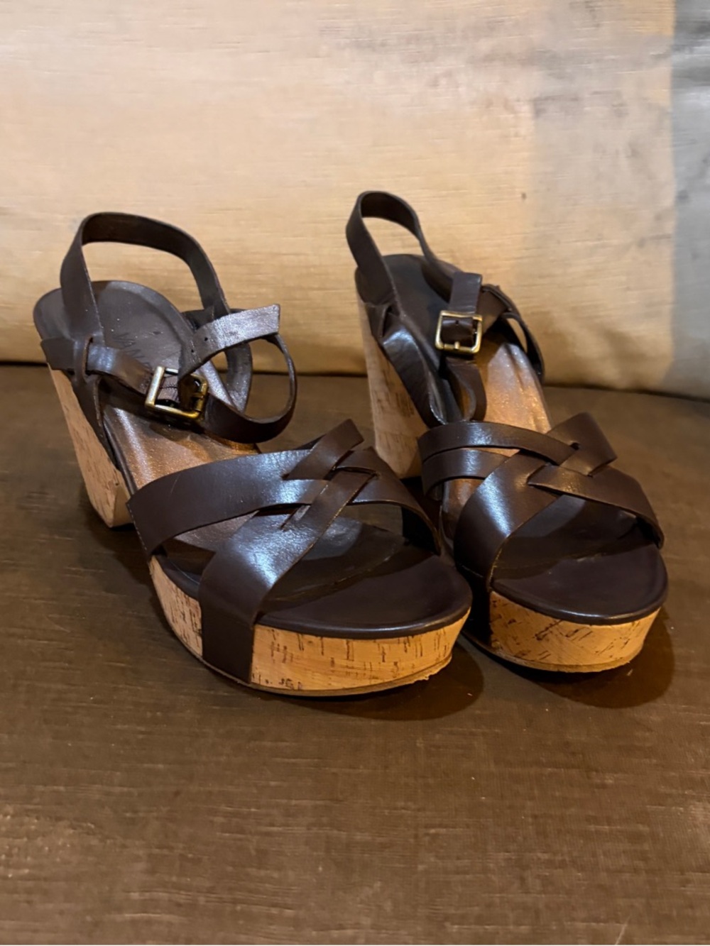 Vaneli Dark Brown Leather Cork Wedge Sandals